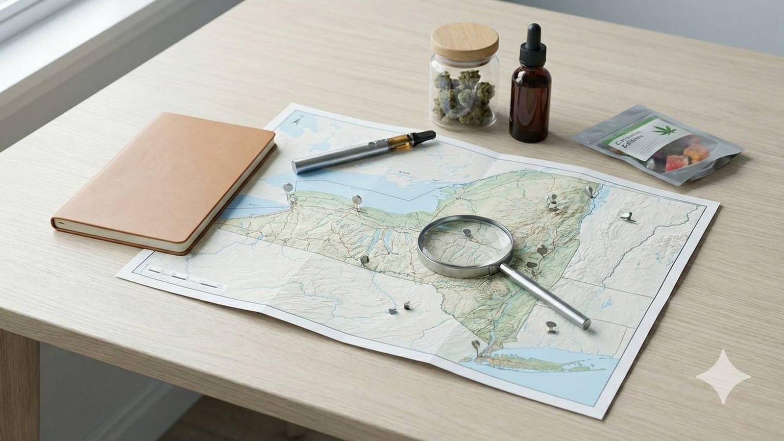 New York cannabis guide research and exploration setup with map, cannabis products, and planning materials